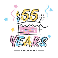 55 Years Anniversary handwritten typography lettering Greeting card with colorful big cake, sparkle firework, number, candle and confetti