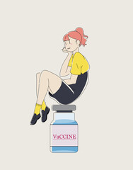 Doodle vector illustration. The girl who was vaccinated. Vaccination concept. Hand drawing of a girl in cartoon style. Design for graphics, banner, stickers, flyer, posters and other creative uses.