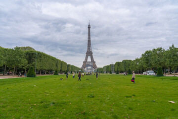 Paris, France - 25 06 2020: Champ-de-Mars: View of Eiffel Tower from the Champ-de-Mars