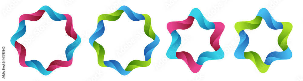 Wall mural set of four abstract circular logo elements isolated on white background. 3d abstract wavy star figu