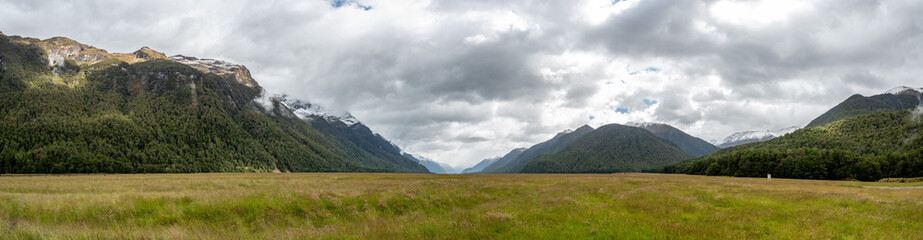 Panoramic view of Eglinton valley, Milford Sound highway passing through, New Zealand