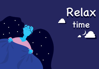 Concept relax time. A woman sleeping peacefully. sleep. Vector flat style. Illustration for content relaxing, time, art, rest, quiet, dream