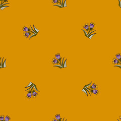 Little purple bells seamless pattern in floral theme. Orange background. Minimalistic style. Summer time print.