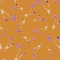 Nature seamless pattern with meadow pink random anemone flowers shapes. Orange background.