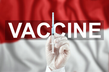 A syringe with a vaccine in the doctor's hand against the background of the flag of Monaco. COVID-19 corona virus, immune protection, treatment against nCoV infection 2019, vaccination.