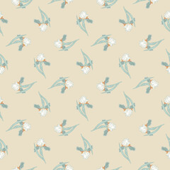 Spring style seamless pattern with little blue iris flowers ornament. Light beige background.