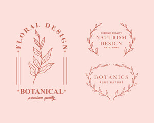 Hand Drawn Feminine Botanical Logo Templates Set. Retro Floral Illustration with Classy Typography.