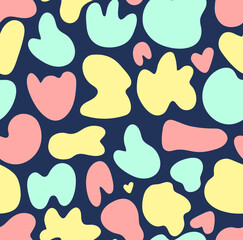 Seamless pattern vector background with pastel colored random organic shape blobs on blue backdrop. Simple texture for textile, fabric, wrapping paper