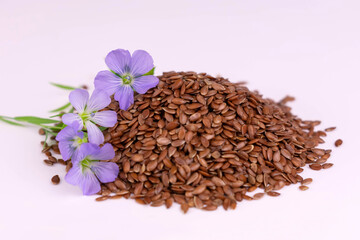 Flax Seeds Flax Flowers White Background Close Plan Healthy Products Concept