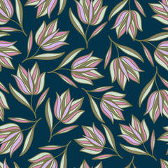 Vector seamless colorful design pattern botanical cute spring herbs and flowers in pastel tones on dark