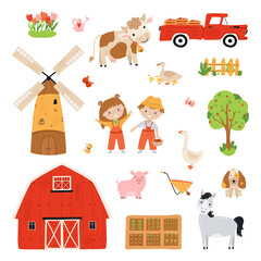 Set farm elements. Collection farm animals in a flat style. Children farmers are harvesting crops. Illustration with pets, children, mill, pickup, barn, pickup isolated on white background. Vector