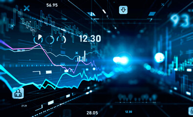 Charts, data in the cyberspace on dark blue background
