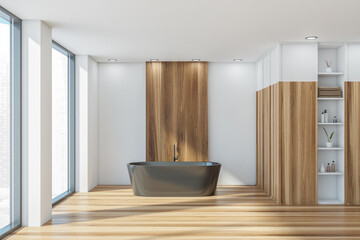 Panoramic bathroom: wooden coatings, dark beige bathtub, white walls