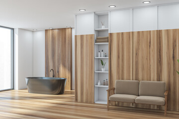 Panoramic bathroom corner: wooden coatings, dark beige bathtub, white walls - obrazy, fototapety, plakaty