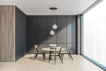 Dining room with wooden table, chairs and dark grey panoramic interior