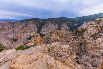 Narrow canyon with vertical walls on both sides. Scenic view of the canyon. Hell's Backbone Road in the wilderness area located in south-central Utah, United States.