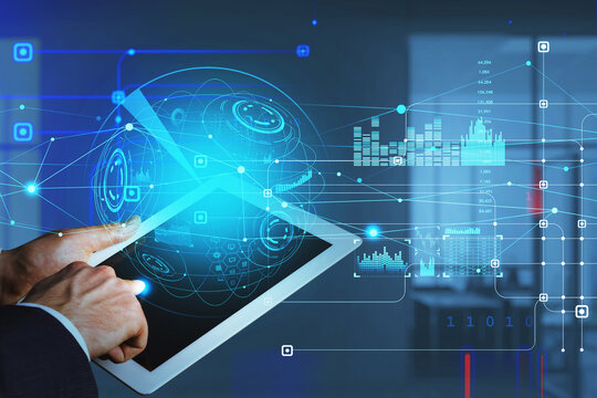 Businessman with tablet device in hands browse the Internet. HUDs with digital interface, information security and range of graphs and charts. Concept of successful manager, technologies in business