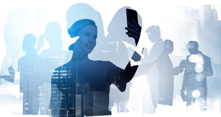 Silhouettes of busy businesspeople communicating via video call using smartphones at distance, double exposure. New York skyscrapers background