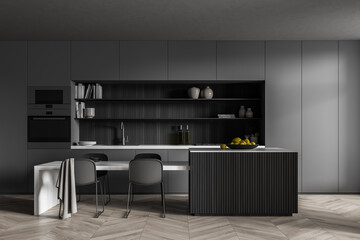 Dark grey kitchen cabinet, table with lining