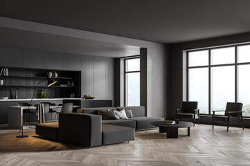 Corner of panoramic living room, dark grey kitchen with square niche