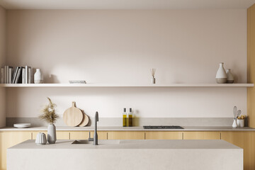 Fototapeta na wymiar Front view of the light double sided kitchen cabinet, pinky white wall