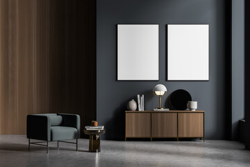 Two empty white banners in the waiting room with green armchair