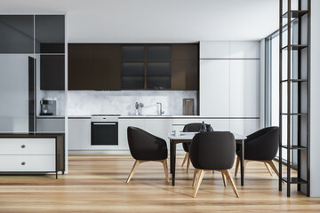 Modern Kitchen Room Interior in skyscraper building, big Asian city. Luxury apartment on high floor.