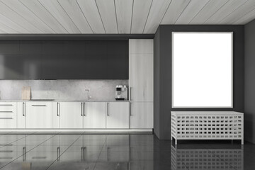 Wide banner with wooden dark grey kitchen interior