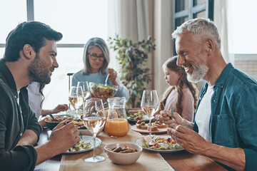 Happy multi-generation family communicating and smiling while having dinner together