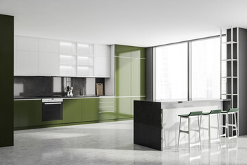 Modern Kitchen Room Interior in skyscraper building, big Asian city. Luxury apartment on high floor.