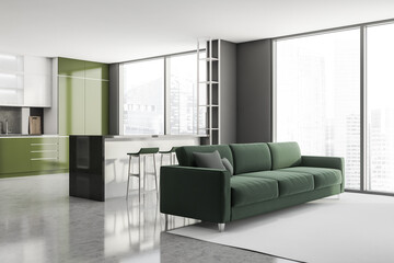 Modern Living dining Room Interior in skyscraper building, big Asian city. Luxury apartment on high floor.