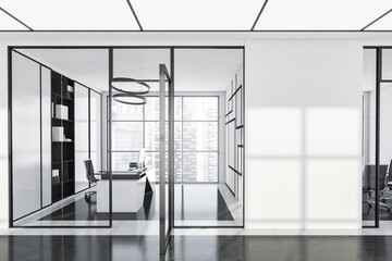 Panoramic office black, white interior with passage, empty wall between
