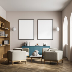 Two posters in the waiting room with the blue sideboard