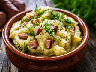 Potato puree - mashed potatoes with sausages and dill in bowl on wooden table