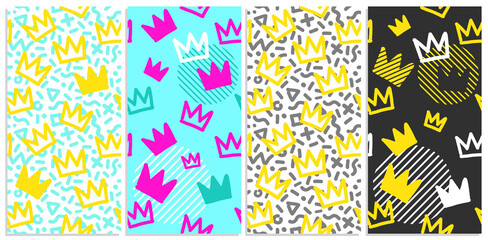 Doodle style seamless pattern set with crowns printable fashion pattern. Abstract street art memphis style crowns vector illustration
