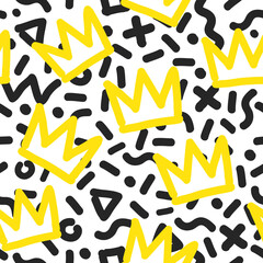 Doodle style seamless pattern with crowns graffiti background. Printable fashion pattern. Abstract street art memphis style crowns vector illustration © VRTX