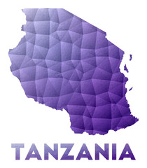 Map of Tanzania. Low poly illustration of the country. Purple geometric design. Polygonal vector illustration.