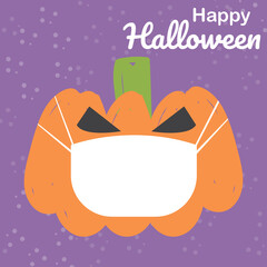 Halloween pumpkin wearing medical mask for prevent virus Covid-19. Halloween background.