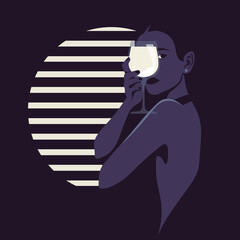 Portrait of a beautiful woman with a glass of wine in her hand on the background with a window. Vector flat illustration