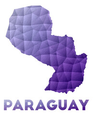 Map of Paraguay. Low poly illustration of the country. Purple geometric design. Polygonal vector illustration.