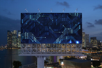 Information flow hologram on road billboard, night panorama city view of Singapore. The largest technological center in Southeast Asia. The concept of programming science.