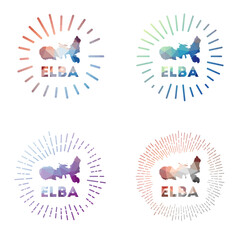 Elba low poly sunburst set. Logo of island in geometric polygonal style. Vector illustration.