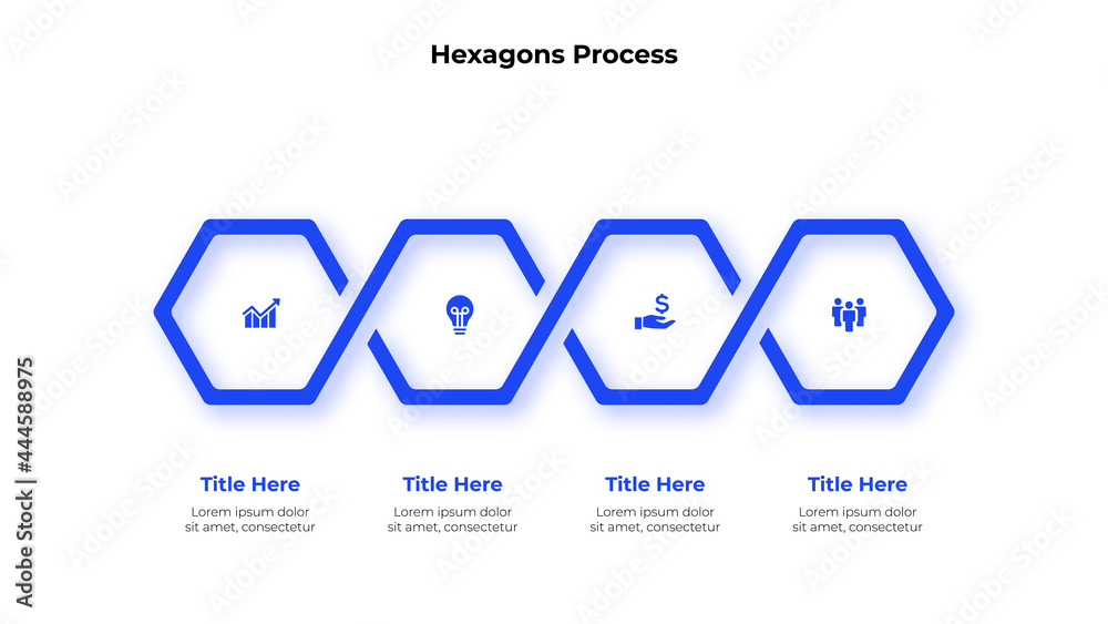 Poster Four hexagons arranged in a row and interconnected. Concept of 4 steps of business development process. Abstract infographic presentation