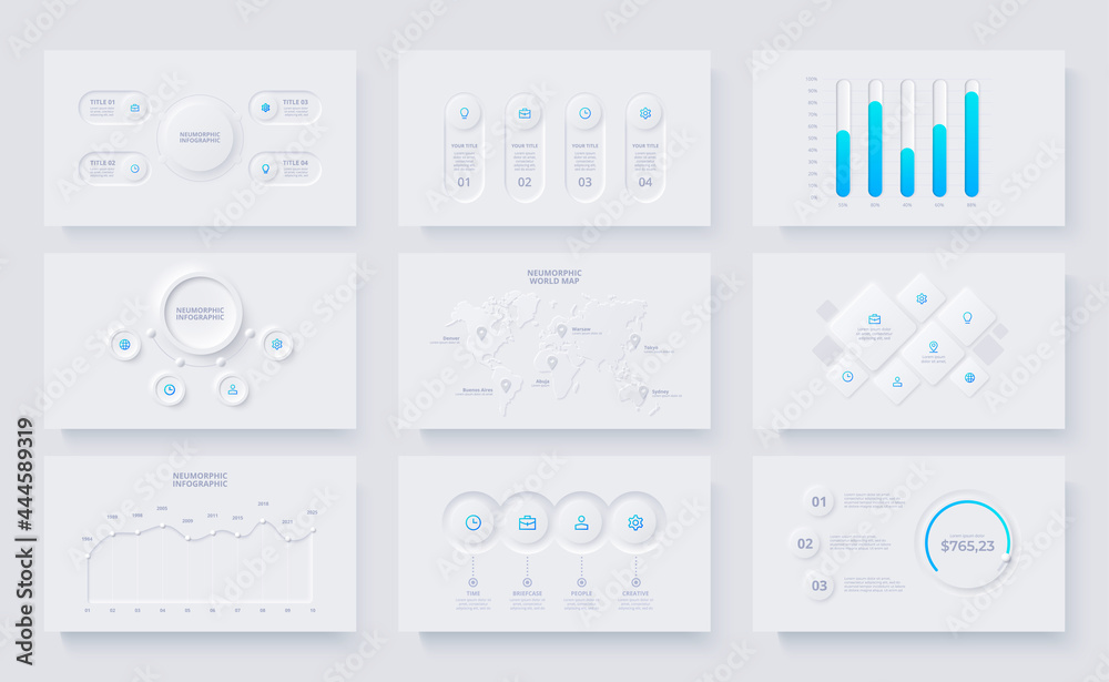 Poster nine slides with neumorphic infographics elements. circles, rings, maps and charts info graphic desi