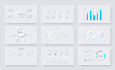 Nine slides with neumorphic infographics elements. Circles, rings, maps and charts info graphic design templates. Set of infograph concept