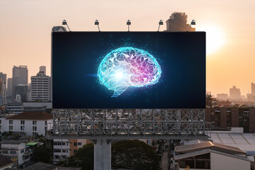 Brain hologram on billboard with Bangkok cityscape background at sunset. Street advertising poster. Front view. The largest science hub in Southeast Asia. Coding and high-tech science.