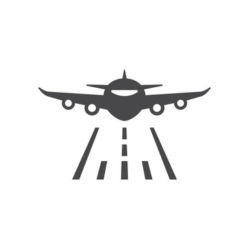 Airplane and runway black vector icon. Plane front, commercial flying symbol.