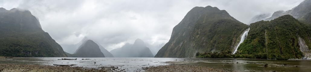 Magnificent panoramic view of Milford Sound during rainy weather, New Zealand