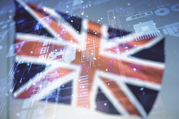 Abstract virtual coding illustration on British flag and sunset sky background, software development concept. Multiexposure