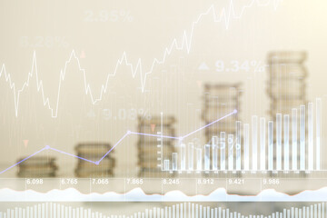 Abstract virtual financial graph hologram on stacks of coins background, forex and investment concept. Multiexposure
